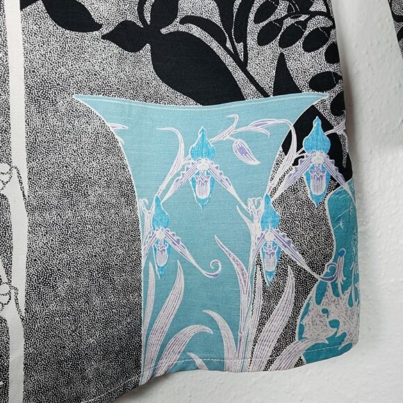 Citron Silk Linen Blouse Art to Wear Button Front Grecian Floral Roomy Medium - Picture 6 of 8